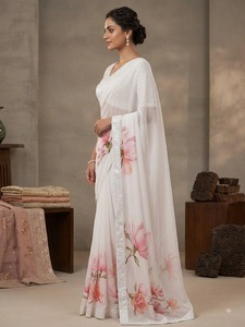 Elegante Saree de Seda y Rayón con Estampado Floral Blanco, Blusa Bordada, Ropa de Boda para Mujer, Estilo India, Pakistán, Bollywood, Sun - Product Image 4