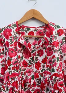 Elegante Vestido Mini Casual de Verano con Estampado Floral en Algodón, Manga Abullonada, Estilo Boho, Corte Holgado y Cuello con Lazos - Product Image 5