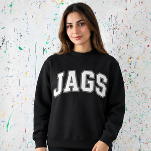 Pull universitaire noir personnalisé à col montant pour femme Jags, avec logo universitaire et broderie de lettres grecques, pour le spirit scolaire et les tenues de campus - Product Image 1