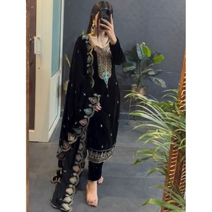 DESIGNER VISCOSE VELVET EMBROIDERY WORK TOP and BOTTOM SET with DUPATTA for WOMEN in BLACK - Product Image 1