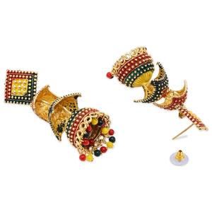 Boucles d'oreilles pendantes Jhumka plaquées or 24 carats multicolores avec motif Meenakari - Product Image 1