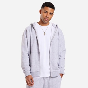 Custom 100% Cotton OEM Grey Zip Up Hoodie Full Zip Heavyweight Fleece Oversized Plain Mens Zip Up Hoodie - Product Image 1