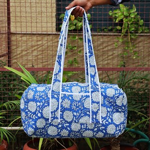 Handmade Blockprinted Quilted Cotton Duffle <b>Bag</b> Blue Floral Print Detachable Long Strap Weekender Large Capacity <b>Travel</b> <b>Bag</b> - Product Image 6