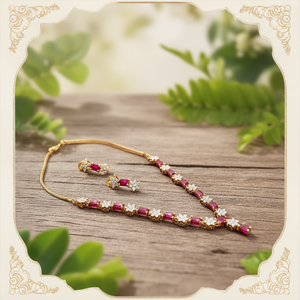Fashion Jewelry Set 1 Gram Gold Necklace with Earrings <b>Ruby</b> Stone Embellished Simple Design - Product Image 3