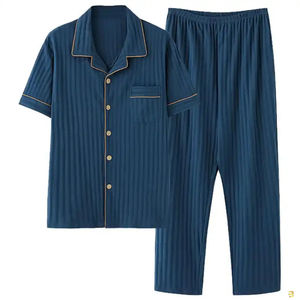 Conjunto de Pijama de Manga Corta para Hombre, Personalizado, de Algodón Tejido, Color Sólido, Cuello Camisero, Ropa de Dormir Informal para Verano - Product Image 6