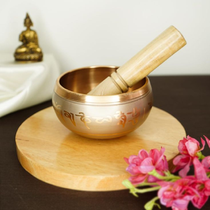Deep brass bowl with detailed circular motifs, accompanied by a red felt <b>mallet</b> and <b>wooden</b> striker available at wholesale prices - Product Image 5