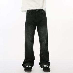 Pantalon en jean ample coupe bootcut taille mi-haute pour homme, style rétro américain, noir et gris délavé, longueur ras du sol, effet drapé, collection automne - Product Image 2