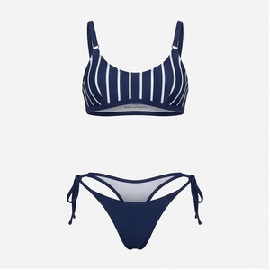 Ensemble de bikini rayé pour femmes, haut push-up, bas à nouer sur les côtés, maillot de bain en Spandex et Polyester - Product Image 1