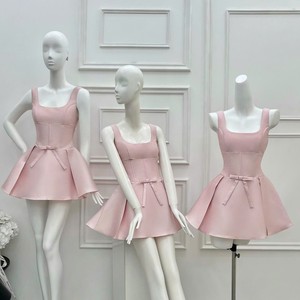 Robe mini en satin rose uni, style coréen, tissée, avec col carré, sans manches, taille à nœud, coupe trapèze, pour femme, tenue décontractée d'été, OEM - Product Image 1