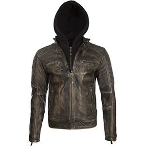 Veste de motard vintage en cuir véritable pour homme avec capuche amovible - Product Image 1