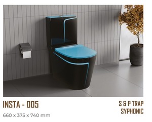 Inodoro de una Pieza, Diseño Superior, Color Negro y Azul, Serie INSTA, 660X375X740mm, Sifón S&P, Sistema de Descarga Sifónica - Product Image 5