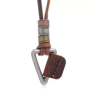 Vintage Alloy Triangle Pendant Necklace with Adjustable Pure Leather Cord for Men & Boys - Product Image 3