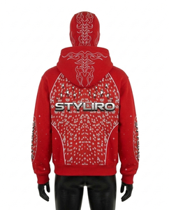 Sudadera con capucha roja Y2K personalizada con máscara balaclava integrada, estilo urbano, para invierno, de color liso, para hombre, oversize, con estampado gráfico. - Product Image 2