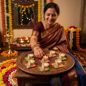 Support décoratif en laiton pour bougie chauffe-plat, motif paon perlé, décoration de table pour le festival Diwali, fait main, écologique, pour la maison - Product Image 4