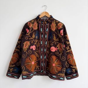 Hand Embroidered Finished Ethnic <b>Velvet</b> Cotton <b>Jacket</b> <b>Women</b> Bohemian Winter Regular Artistic Fashion Outerwear Floral Stand - Product Image 2