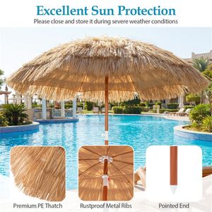 Set di 2 Ombrelloni Tiki in Paglia Naturale da 1,8 m, Ombrellone Tropicale da Esterno in Acciaio con Pulsante di Inclinazione per Ristoranti, Hotel e Piscine - Product Image 4