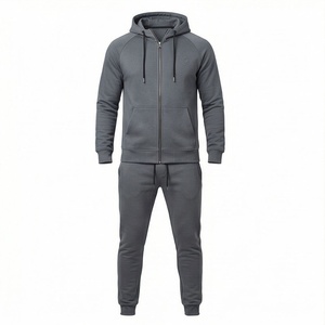 Ensemble de survêtement gris à capuche pour homme, sweat-shirt et pantalon à fermeture éclair intégrale, couleur unie, vêtements de sport décontractés avec poches latérales - Product Image 1