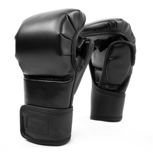 Premium <b>Black</b> MMA Gloves Faux Leather Grappling Mitts Professional Martial Arts Sparring Punching Training Open Palm Boxing 8 oz - Product Image 1