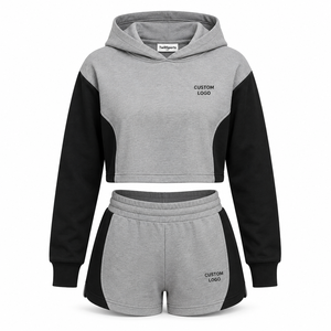 Women's Cropped Hoodie Shorts Set Cotton <b>Blend</b> Tracksuit Wholesale Private Label Lounge Wear - Product Image 1