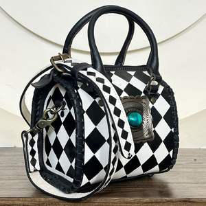 March Expo Checkered Pattern Genuine Cowhide Leather Speedy Bag with Turquoise Concho Personalised <b>Small</b> Shoulder Bag for Unisex - Product Image 4