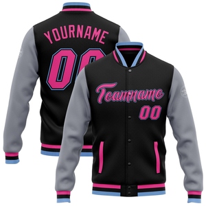 Wholesale Direct OMMIZ INDUSTRY Custom Black <b>Pink</b> Gray-Light Blue Bomber Full-Snap Varsity Letterman Two Tone <b>Jacket</b> - Product Image 1