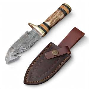 Outil utilitaire artisanal en acier Damas avec manche en bois dur et bois de cerf naturel, et garde en laiton - Product Image 5