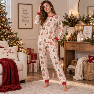 Conjunto de Pijama Navideño para Mujer, de Manga Larga, con Estampado Navideño, 2 Piezas, Cuello Redondo, Ropa de Dormir Térmica - Product Image 1