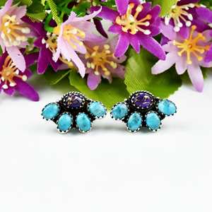 Boucles d'oreilles clous en argent sterling avec grappe de turquoises Navajo, bijoux fins bohèmes rétro floraux pour femmes, cadeaux pour cowgirl, vente en gros - Product Image 1