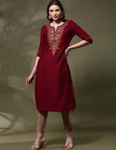 Women Rayon Kurta Midi Length Traditional Embroidered Red Kurti Casual Wear India Pakistan Style Regular Fit Festival Kurtis - Product Image 1