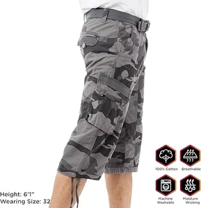 Hot Selling Men's <b>3</b>/<b>4</b> Casual Cargo <b>Shorts</b> Black Camo Inseam Knee Length Multi-Pockets Belted Canvas Anti-Wrinkle Breathable - Product Image 3