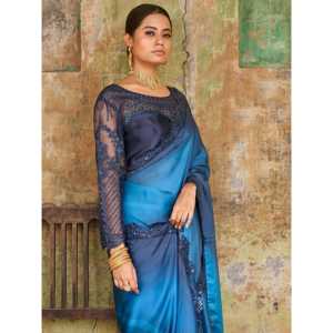 Robe de soirée en satin brodé bleu Saree avec chemisier Robe de soirée attrayante - Product Image 6