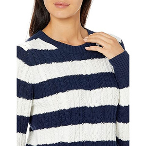 Men's Blue White Striped Cable Knit Pullover <b>Sweater</b> Autumn Long Sleeve Cotton <b>Crewneck</b> - Product Image 3