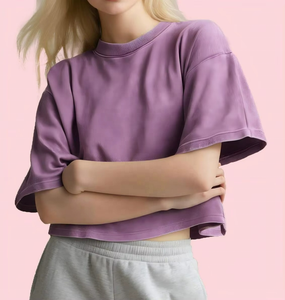 Camiseta Corta de Manga Corta para Mujer, Estilo Lavado, Holgada, Tejida, 100% Algodón Ecológico - Product Image 1