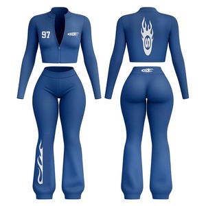 Premium 260 GSM polyester spandex women crop t <b>shirt</b> and leggings set blue <b>flame</b> print heat transfer custom logo Women's Sets - Product Image 1