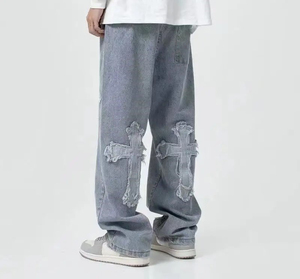 Jean cargo en denim bleu clair pour homme, coupe ample, poches, style streetwear décontracté, hip-hop, délavé - Product Image 2