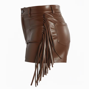 Shorts en cuir PU marron taille haute pour femme avec décoration à pompons, style bohème, fermeture boutonnée - Product Image 4