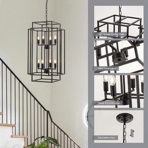 <b>Modern</b> <b>Black</b> Rectangular Lantern Chandelier Contemporary Metal Hanging Pendant <b>Light</b> Industrial Farmhouse Cage <b>Ceiling</b> Lamp - Product Image 4