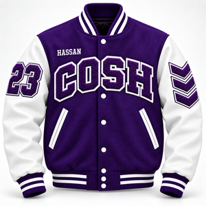 Veste universitaire Cosh International personnalisée en laine violette avec manches en cuir blanc, design brodé style baseball, écologique et respirante - Product Image 4