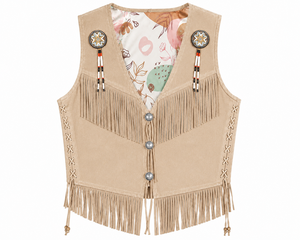 Chaleco Formal Occidental para Hombre de Alta Calidad, Beige, Transpirable, de Cuero de Ante con Flecos, Cuentas y Adornos, Hecho a Mano, Cuello en V, Verano, OEM - Product Image 1