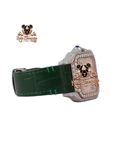 Montre à quartz rectangulaire de luxe avec boîtier en acier inoxydable serti de strass, bracelet en cuir vert, affichage analogique, unisexe - Product Image 6
