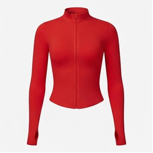Red Full Sleeve Zip Front Ribbed Yoga <b>Top</b> <b>Sweat</b> Wicking Seamless Sportswear Women's Activewear - Product Image 1