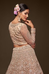 Royal Beige Embroidered Crystal Floral Modern A-Line Chiffon Soft Net Lehenga Choli Set with Dupatta <b>Bride</b> Wedding Outfit - Product Image 3