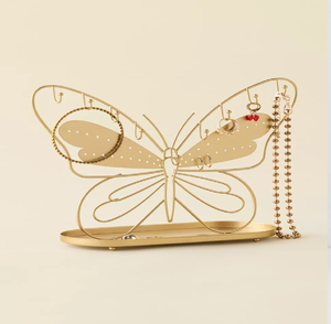 Rotating two-tier gold metal jewellery display stand with <b>hooks</b> and catchall dish base, available at wholesale prices. - Product Image 4