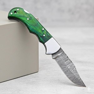 Premium Pakka Wood Handle Damascus Steel Blade Professional Folding Pocket Knife Back <b>Lock</b> Handmade Hunting Survival Camping OEM - Product Image 1