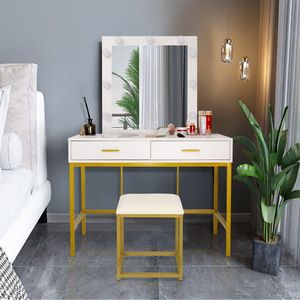 FCH White Dressing Table with Single Mirror 2 Drawers Light Bulbs Steel Frame Makeup Vanity - Product Image 1