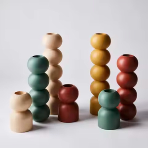 Ensemble de porte-bougies en bois, forme ronde, décoration d'intérieur, vases faits à la main de couleur naturelle pour centre de table - Product Image 1
