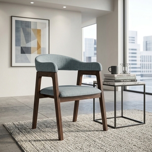 Fauteuil de salle à manger moderne en bois massif, finition noyer, dossier en forme de baril, chaise d'appoint en tissu, pour hôtel, restaurant, café, aménagements artistiques, meubles - Product Image 5
