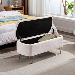 Modern Ivory White Faux Fur Entryway Bench <b>Padded</b> Storage Ottoman with Gold Legs for Home for End Beds or <b>Stools</b> & Ottomans - Product Image 5