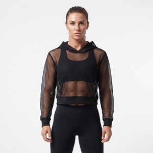 Hoodies courts en maille transparente pour femmes, légers, 100% polyester, style tendance, maille transparente, sexy, crop top - Product Image 2