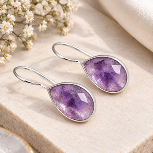 Amethyst Teardrop Gemstone Earrings | Handmade Gold Plated Dangle Earrings | Bezel <b>Set</b> <b>Gift</b> For <b>Women</b> - Product Image 2